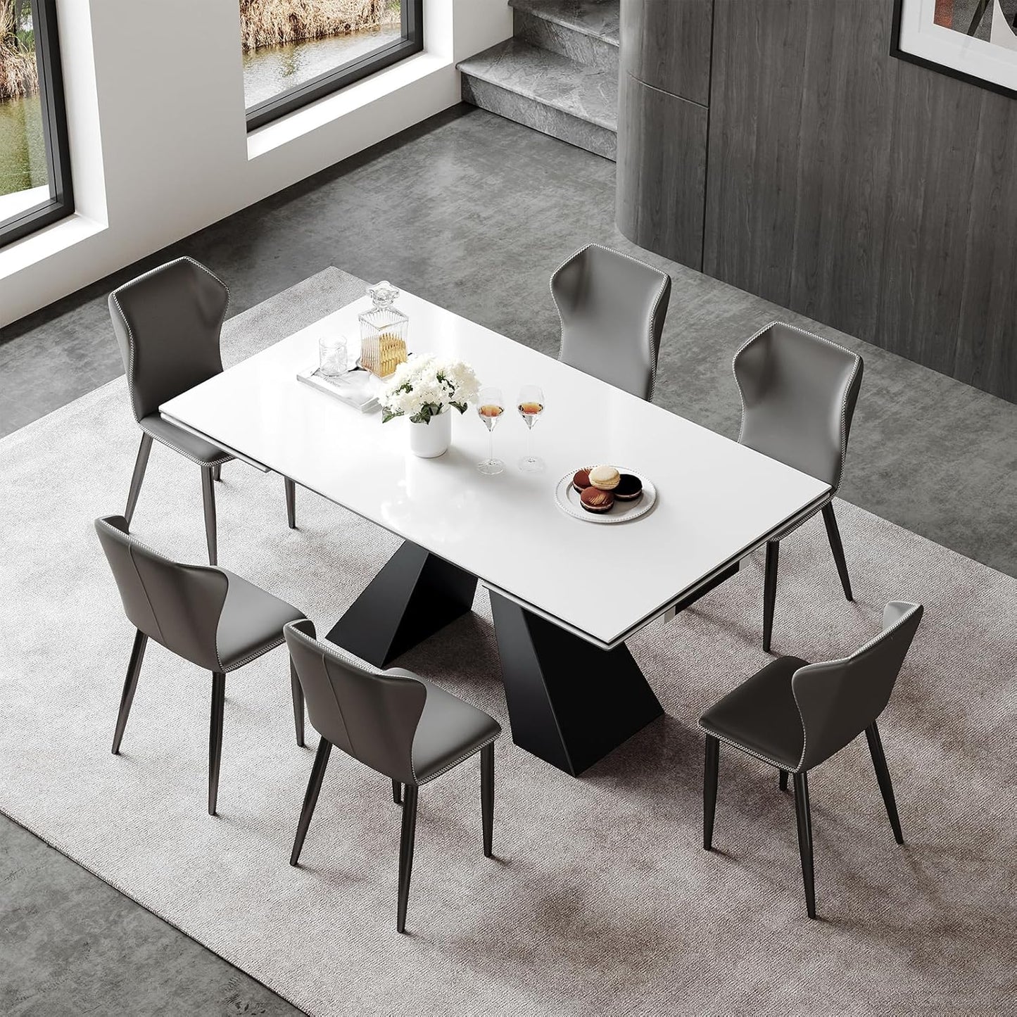Extendable Dining Table for 8-12 Seat, Flexible Stretch, Tabletop Made from Rock Plate and Tempered Glass, Solid Carbon Steel Base, 35.4" D x 94.5" W x 30" H, White Top