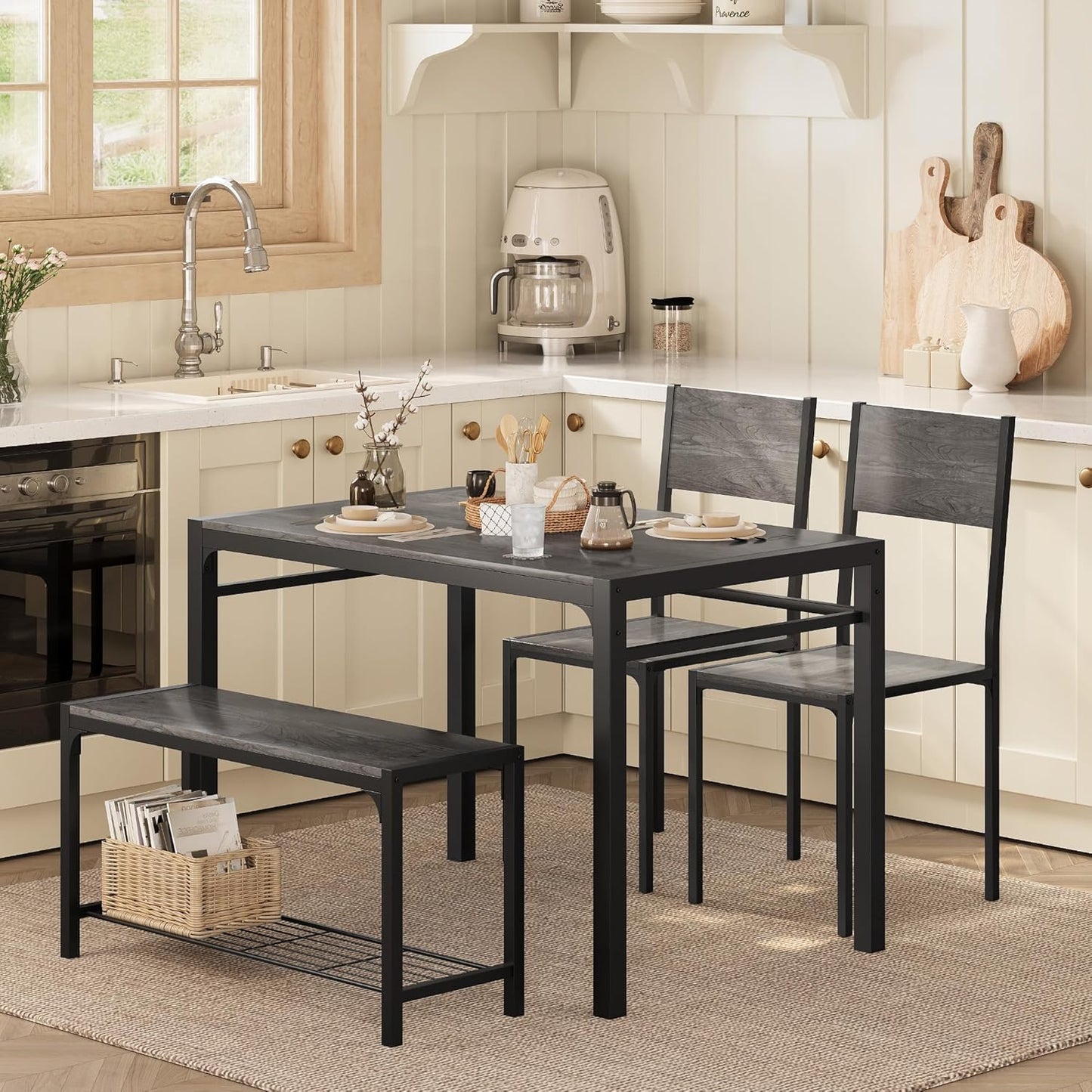 Shahoo Kitchen Table and 2 Chairs for 4 with Bench, 4 Piece Dining Sets for Small Space, Grey Wash
