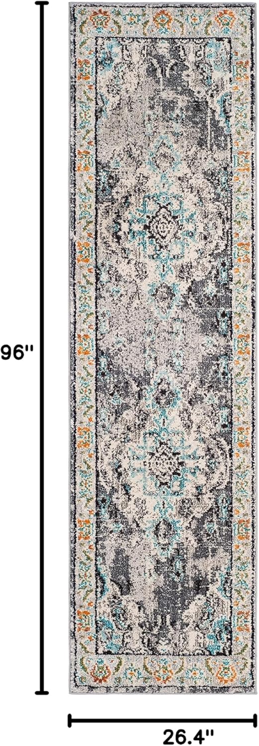 SAFAVIEH Monaco Collection Runner Rug - 2'2" x 8', Grey & Light Blue, Boho Chic Medallion Distressed Design, Non-Shedding & Easy Care, Ideal for High Traffic Areas in Living Room, Bedroom (MNC243G)
