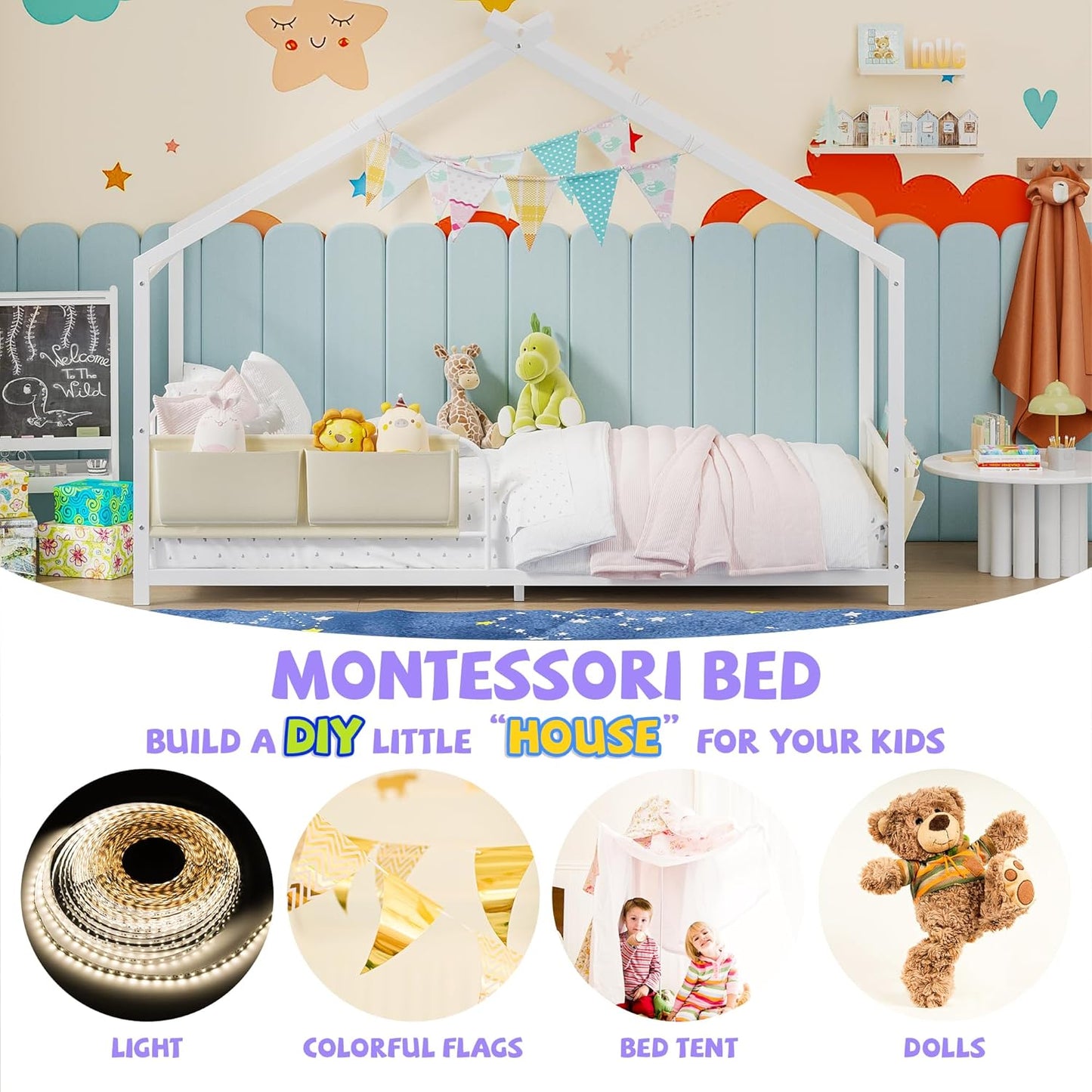 Timy House Shape Twin Size Montessori House Bed Metal Floor Bed with Caddy Twin Bedframe for Kids No Box Spring Needed White