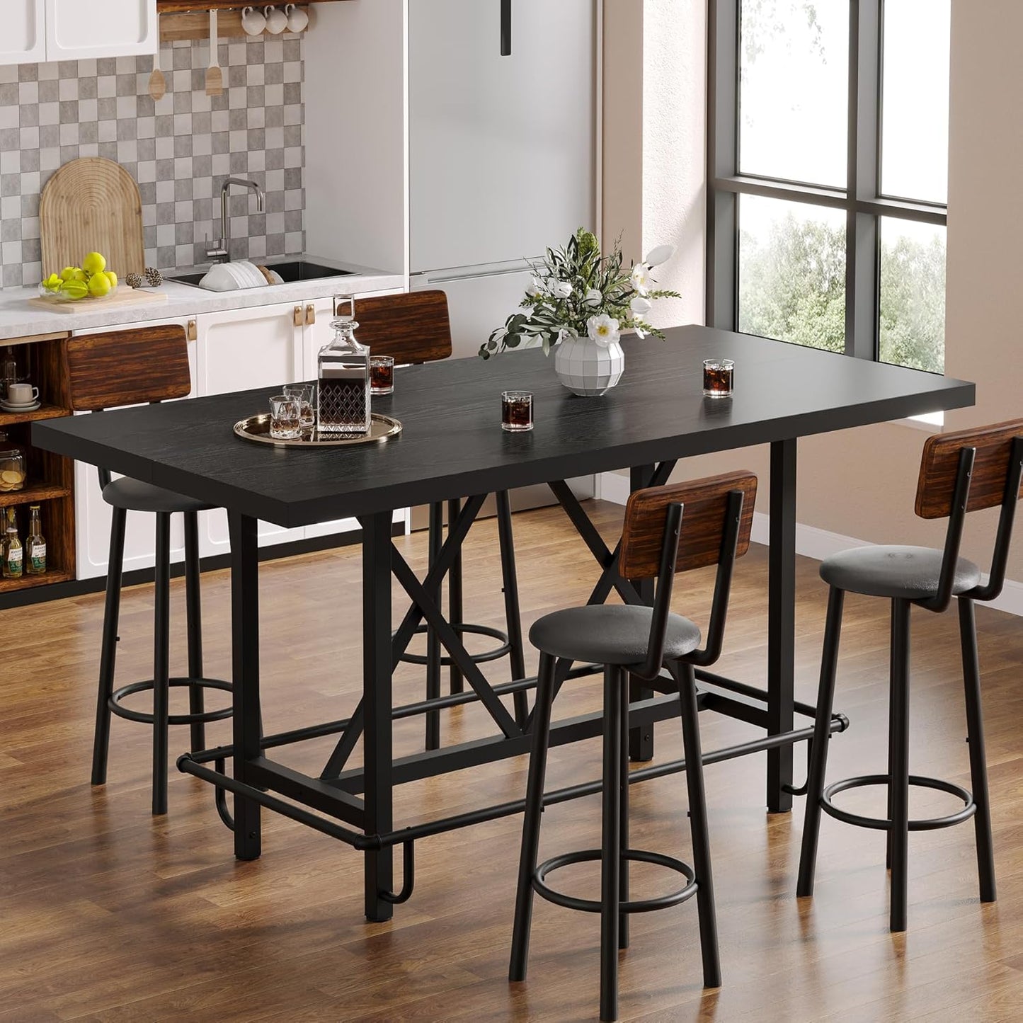 Tribesigns Bar Table, Industrial Counter Height Pub Table with Metal Footrest, 63-Inch Rectangle Wood Kitchen Dining Table with Sturdy Metal Frame for Dining Room, Home Bar (Black)