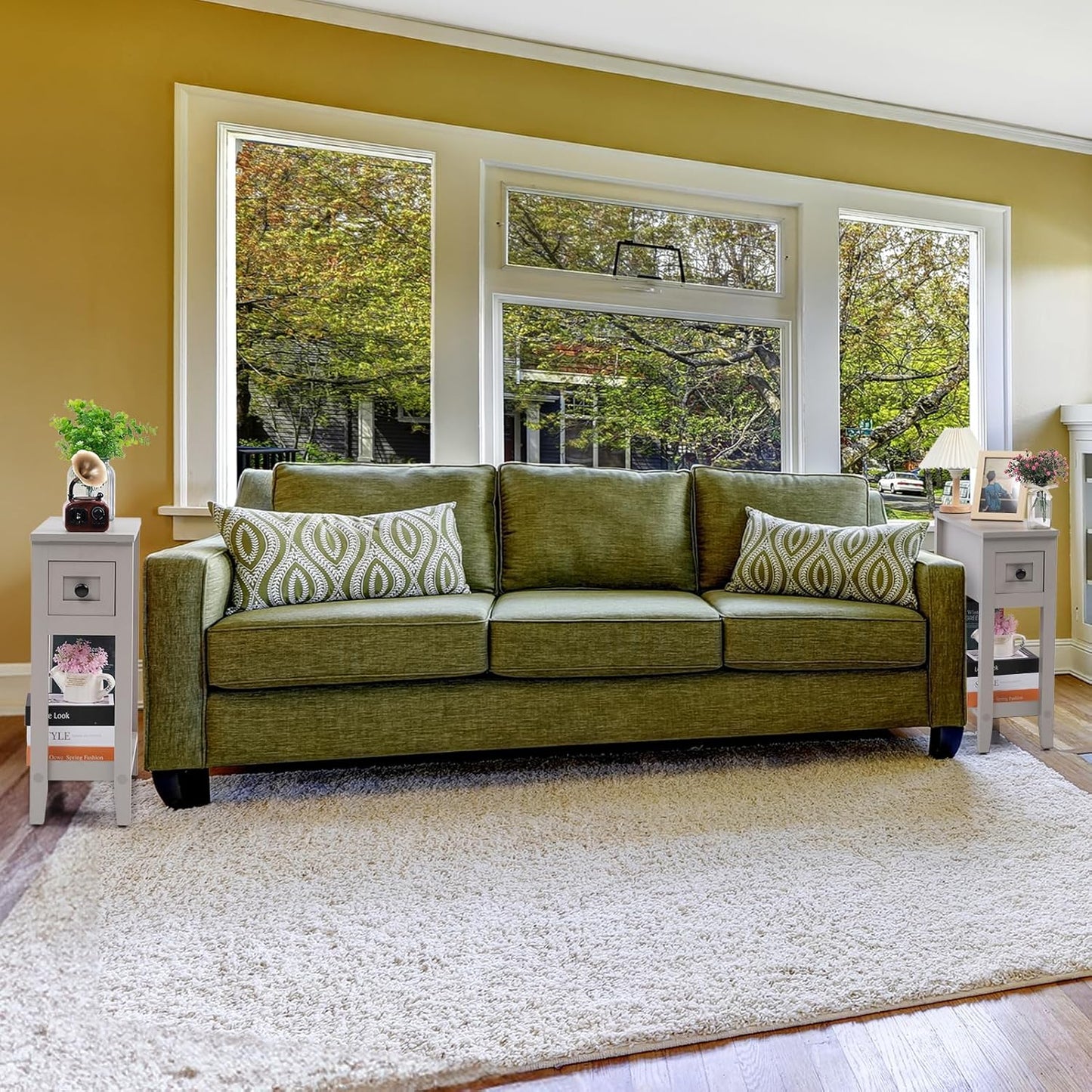 Gery 2 Pack Chairside Narrow End Table with Drawer, Solid Recliner Side Table with Storage Shelf, Slim Nightstand Bedside Table for Bedroom