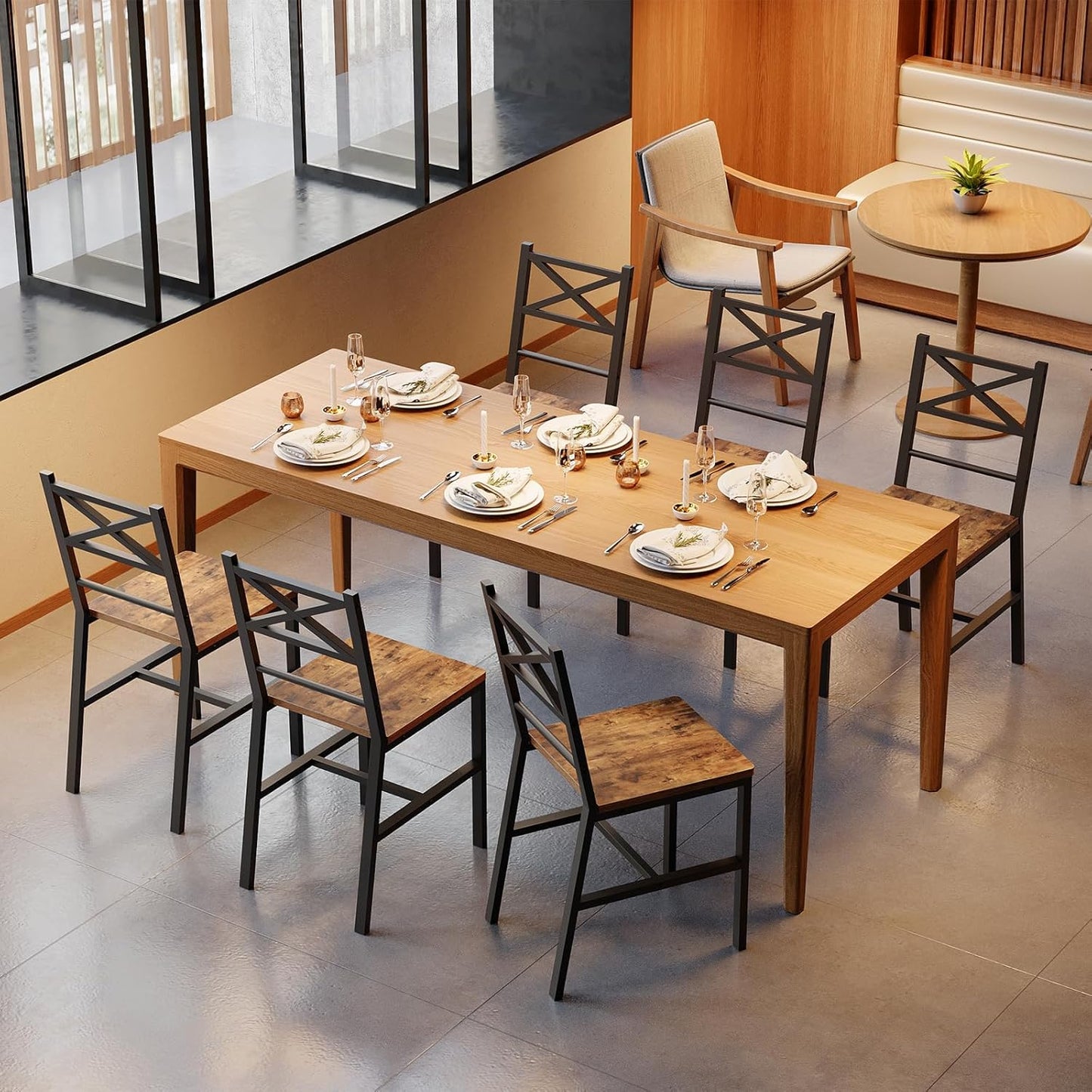 Dining Chair Set of 4, Rustic Wooden Kitchen Chairs with Backrest, Farmhouse Dining Chairs for Kitchen, Industrial Style Chair with Metal Frame, Easy Assembly, Rustic Brown TBHR1001S4