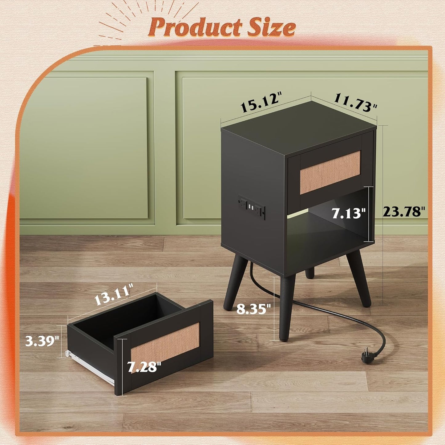 WLIVE Rattan Nightstands Set of 2 with Charging Station, Boho Nightstand, Wood Side Table, Small End Table with Drawers for Bedroom, Black