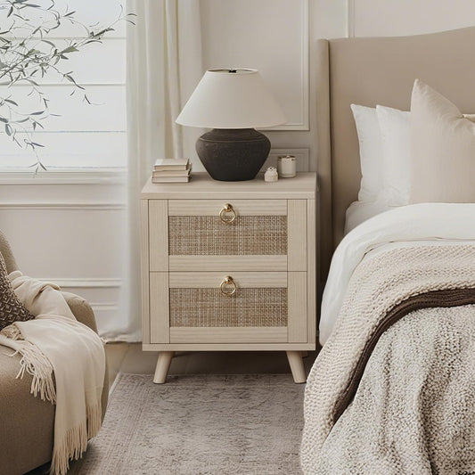 BOLUO Wooden Night Stand with 2 Drawer, Rattan Small Nightstand Boho Bedside Table for Cozy Bedroom