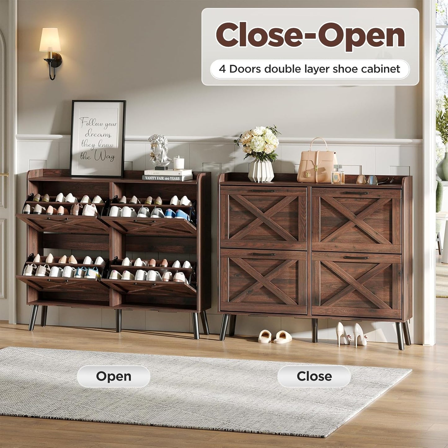 Maupvit Large Shoe Storage Cabinet with 4 Flip Drawers, Narrow Shoe Cabinet for Entryway with Wooden Legs, Freestanding Hidden Shoe Rack Organizer ＆ Metal Hinges, Walnut