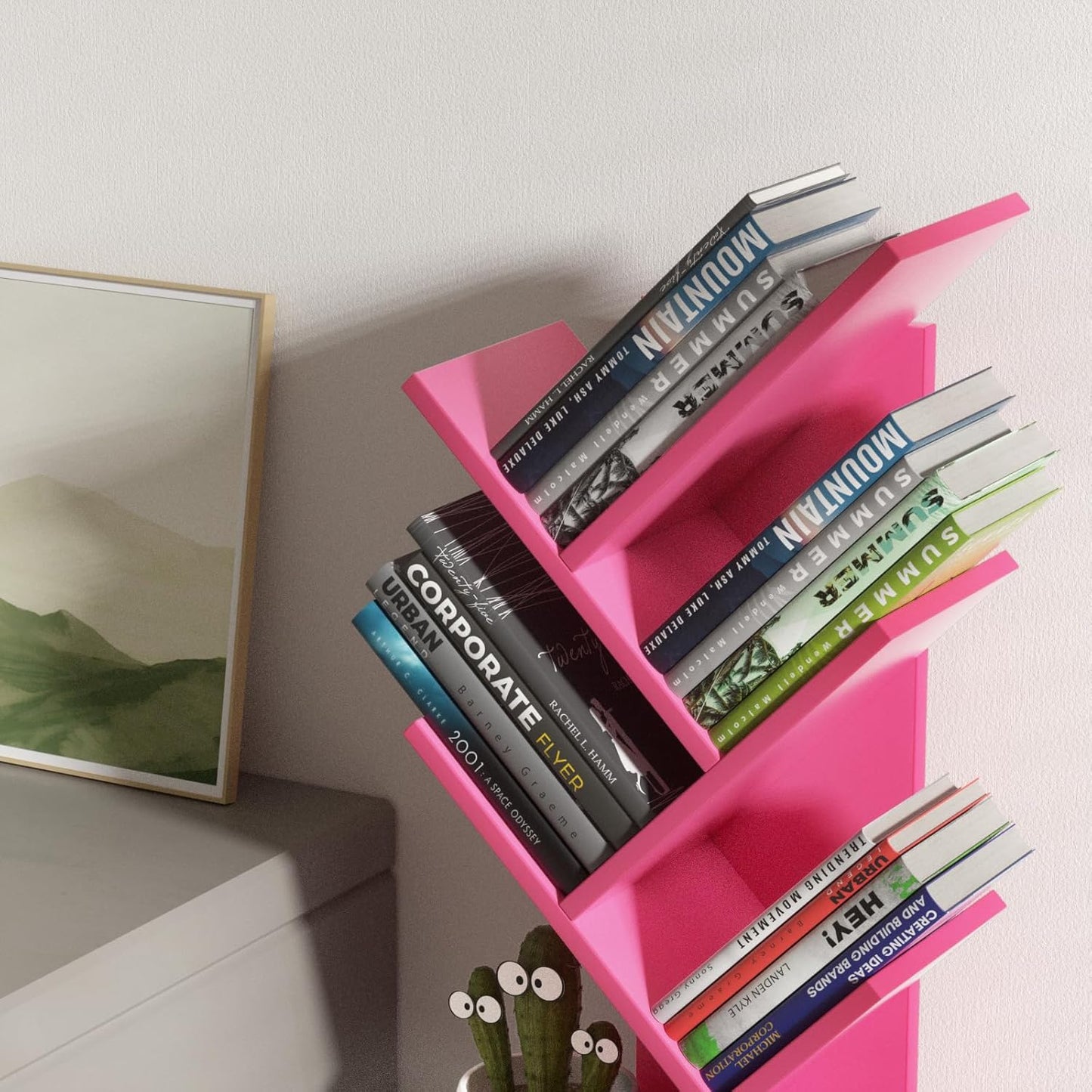 5 Tier Tree Book Shelf, Small Desktop Bookshelf with Storage Organizer, Wood Bookcase, Desk Display Bookshelves, Floor Standing Organizer Bookcases for Living Room,Bedroom,Office-Pink
