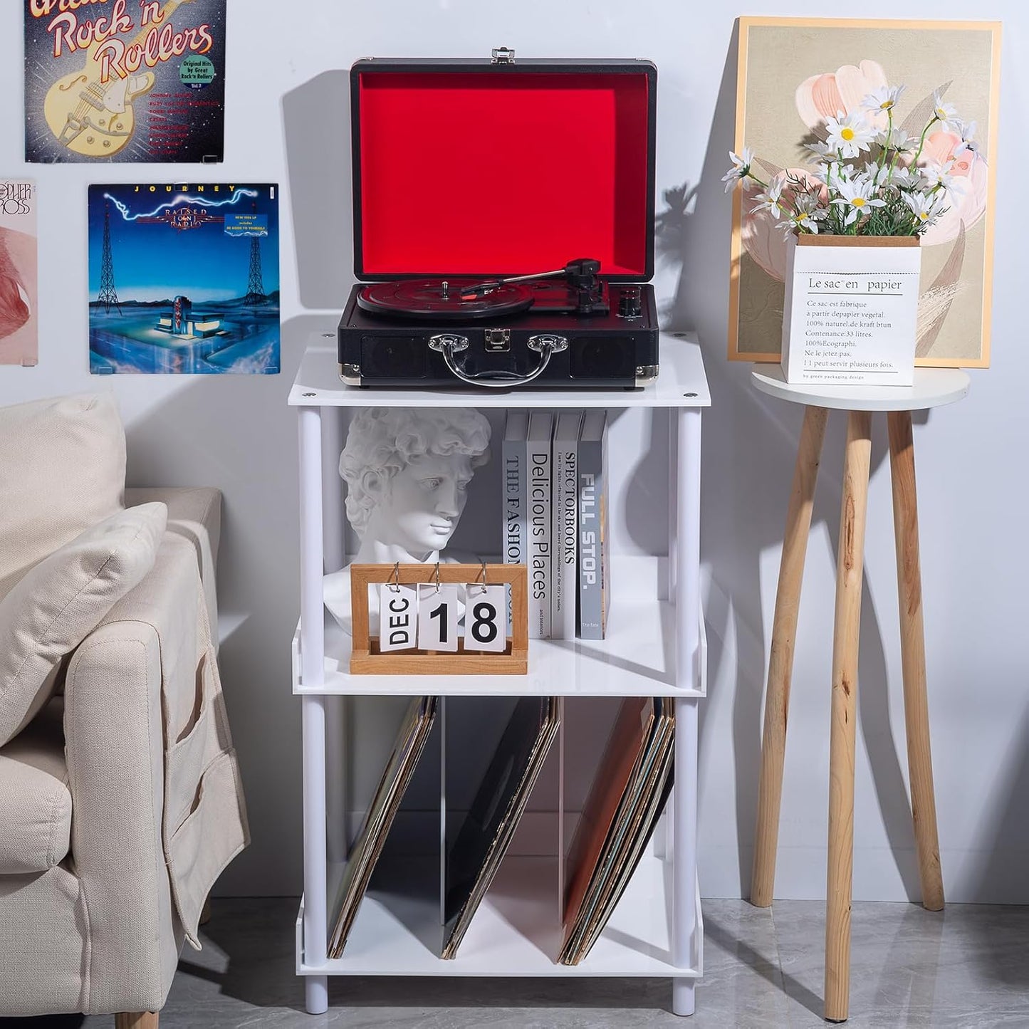 Antilope 18x14 White Acrylic Record Player Stand with Vinyl Storage, 3 Tiers Turntable Stand Holder Up to 200 Albums, Large Record Player Table Cabinet Organizer for Living Room Bedroom Corner