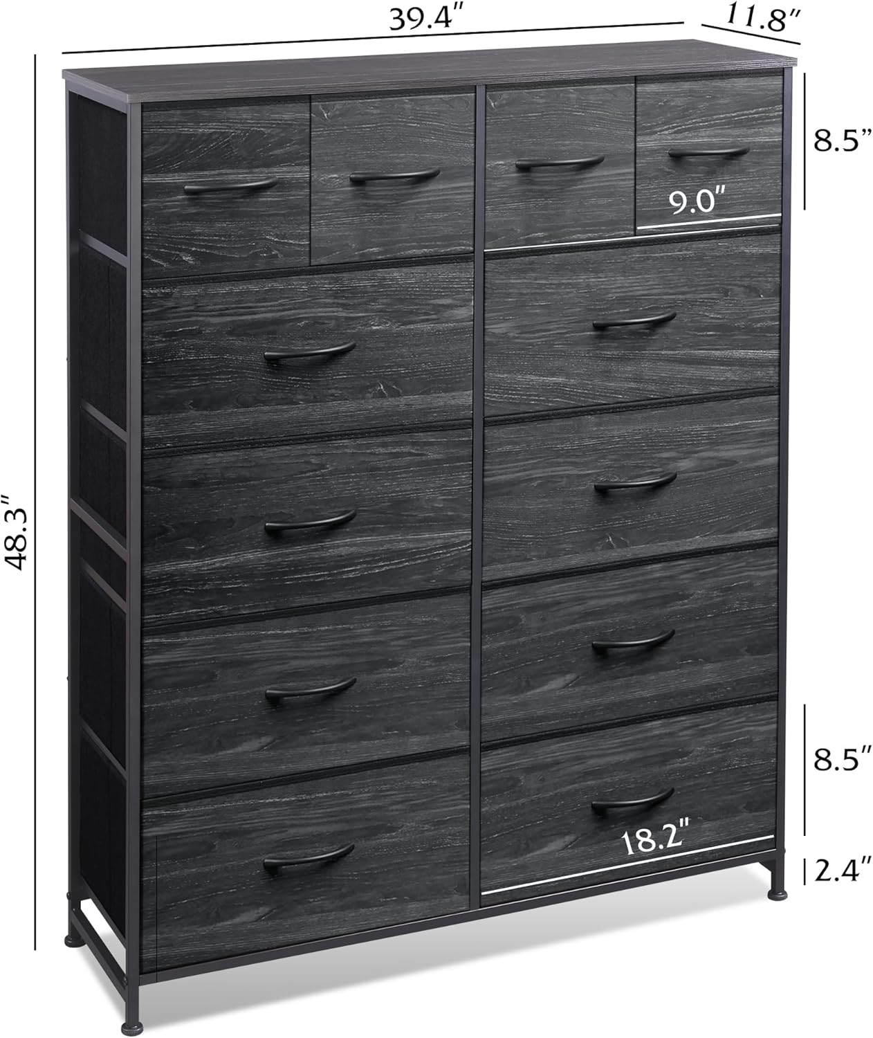 WLIVE Storage Organizer Unit with 12 Fabric Bins, Storage Drawers Organizer with Steel Frame, Tall Storage Tower Organizaton for Living Room, Hallway, Office, Charcoal Black Wood Grain Print
