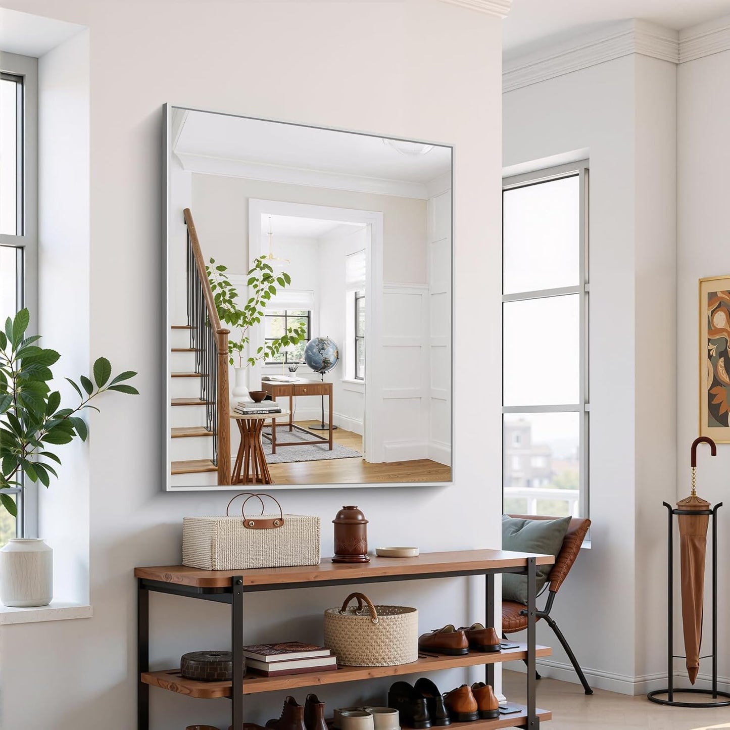 YIROMAN Bathroom Mirror 48"x40", Large Brushed Silver Bathroom Mirror for Over Sink with Aluminum Frame, Rectangular Vanity Mirror with Right Angle, Wall Mirror Hangs Horizontal or Vertical