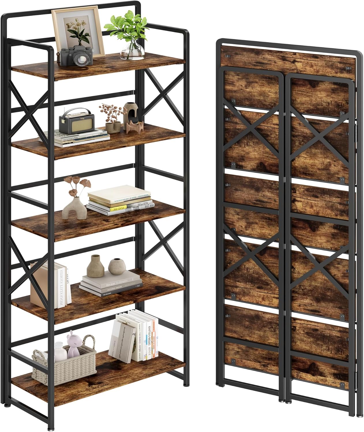No Assembly Folding Bookshelf, 5 Tiers Vintage Wood Collapsible Book Shelf for Storage,Industrial Metal Foldable Bookcase Organizer for Living Room Bedroom Home Office (Rustic Brown)