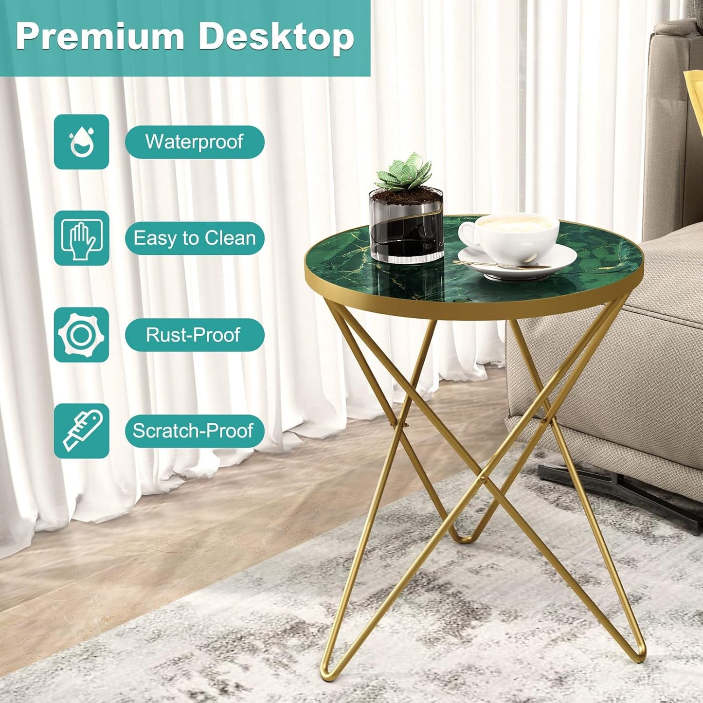 HLR Modern Round Side Table, End Table with Marble Effect Top and Gold Metal Frame, Small Side Table for Living Room, Bedroom, Sofa and Couch, Gold Legs, Green Marble top
