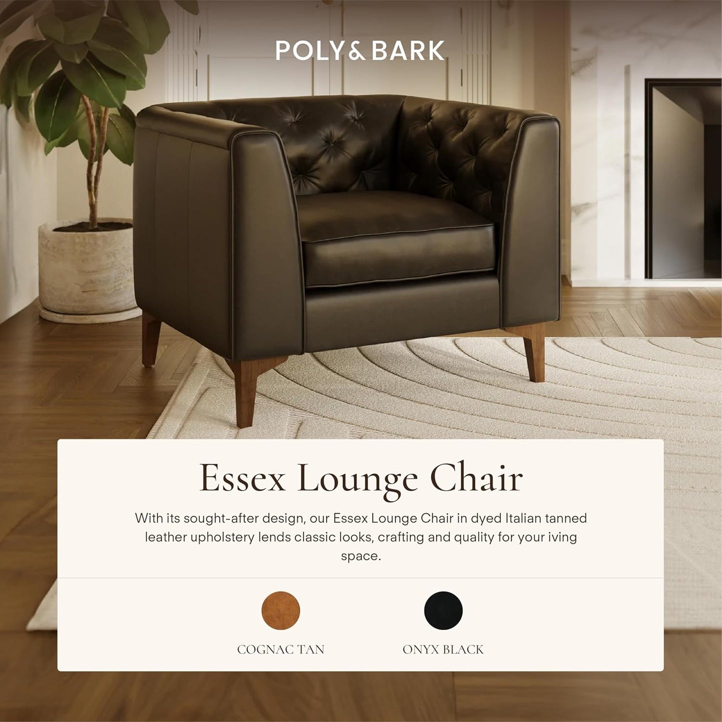 Poly & Bark Essex Lounge Chair - Leather Chair with Tufted Back - Full-Grain Living Room Armchair with Feather-Down Topper - Single Couch - Vintage Italian Leather in Onyx Black