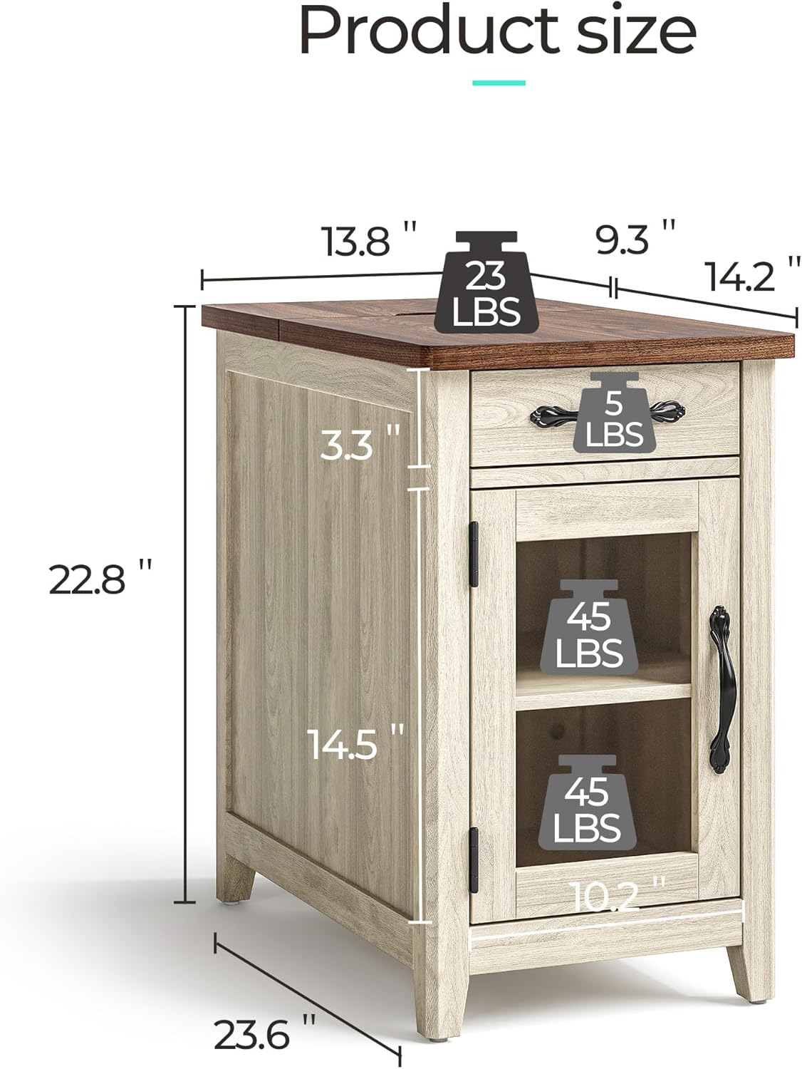 LINSY HOME End Table Set of 2 with Charging Station, Modern Farmhouse Sofa Couch Side Table, Wooden Bedside Table for Living Room, Slim Nightstand with Storage Cabinet for Small Space, Glass Door