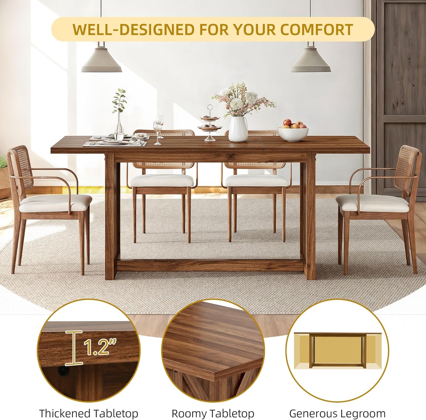 DWVO 70.8" Large Dining Table for 6 to 8 People Farmhouse Rustic Wood Dinner Table Rectangular Long Kitchen Dining Table for Dining Room Kitchen Living Room Office, Walnut