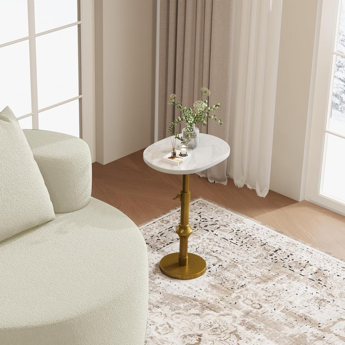 Marble Drink Table, 10"x12"x(22“~30") Martini Table with Metal Antique Brass Adjustable Stand Base, Drink Tables for Small Spaces, Living Room, Bedroom, Or Office (White)