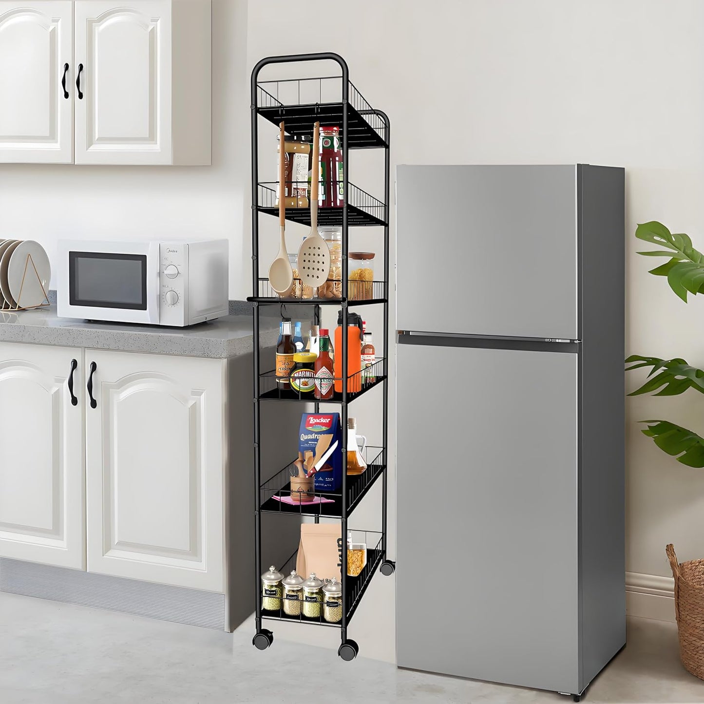 6 Tier 10in Slim Rolling Storage Cart with Handle, Mobile Shelving Unit with Wheels, Metal Wire Storage Rack with Baskets for Kitchen Bathroom Office Laundry Narrow Piaces