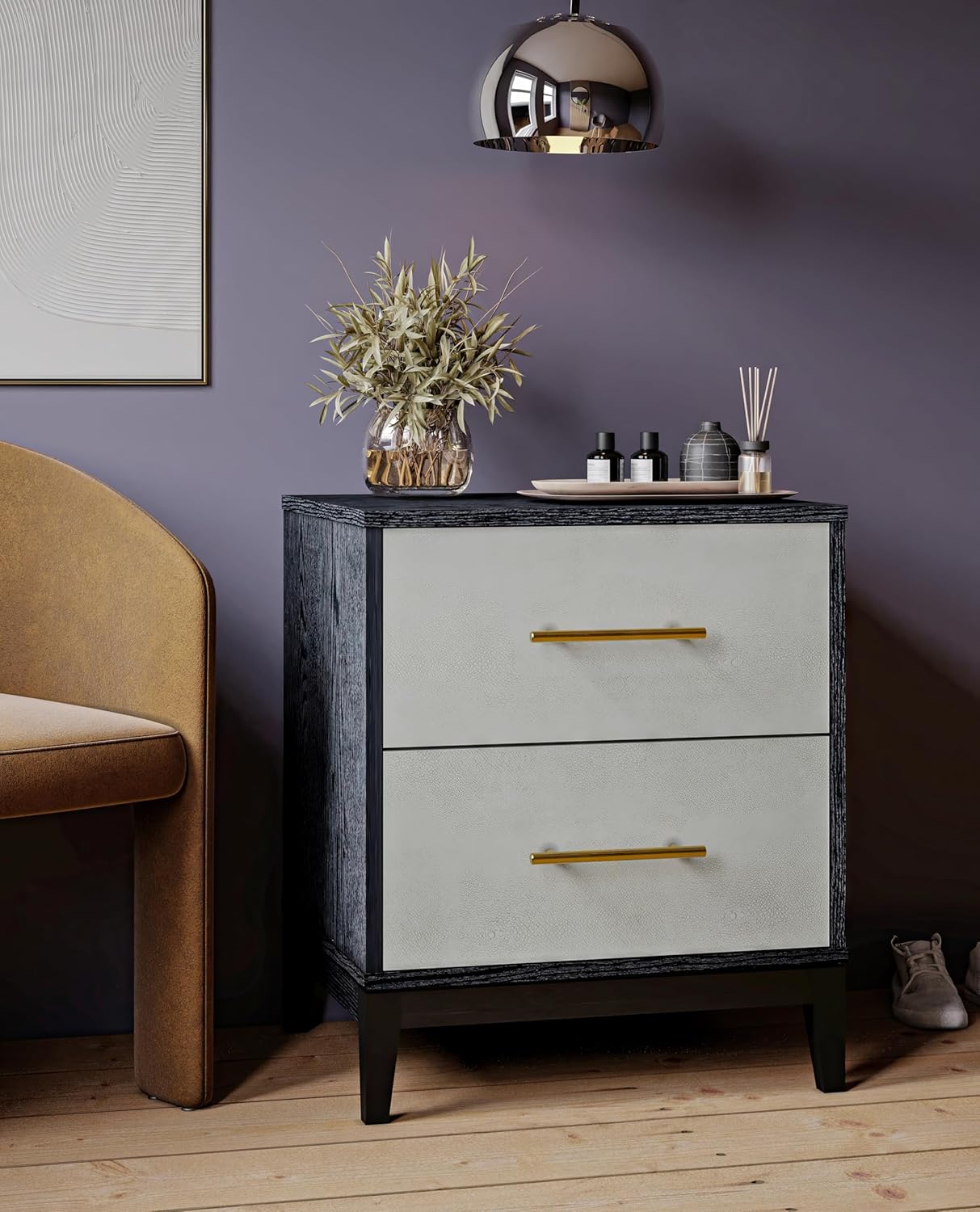 Sango Shagreen 2-Drawer Nightstand, Modern Black Bedside Table with Gray Faux Shagreen Drawer Fronts, Brass Handles, Sturdy Legs, Elegant Storage for Contemporary & Luxury Homes
