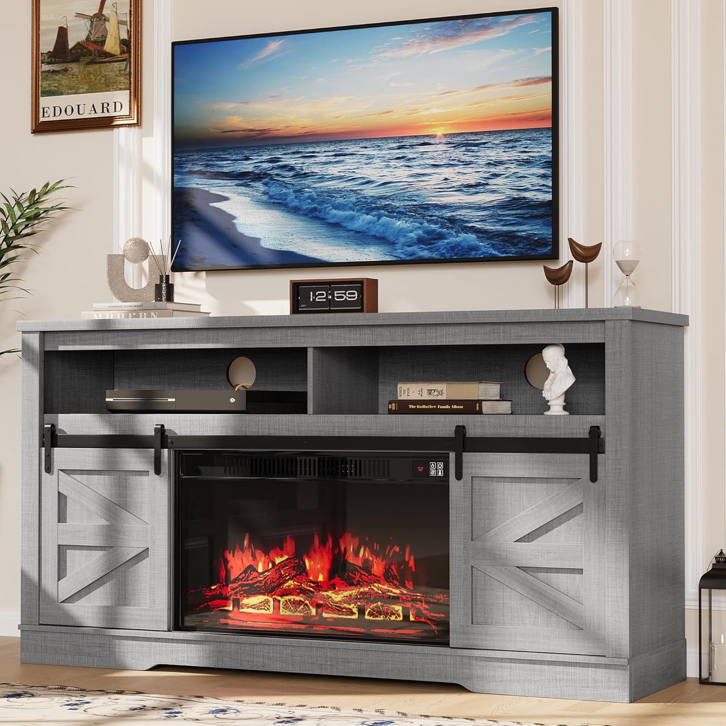 YESHOMY Fireplace TV Stand for Television up to 65+ Inch with Storage and Farmhouse Sliding Barn Doors, Entertainment Center with Cabinet and Shelves, Media Console for Living Room, Gray