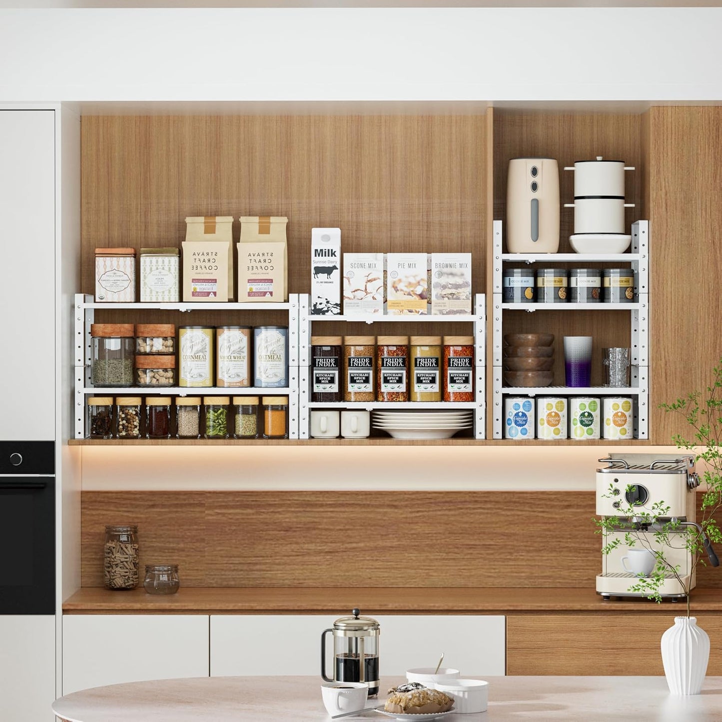 Expandable Stackable Aadjustable Shoe Rack Pantry Shelf for Kitchen Cabinets Counter Shelves Countertop Cupboard Storage Solution,Sturdy Heavy-Duty Metal Construction(2Packs/White/Large)