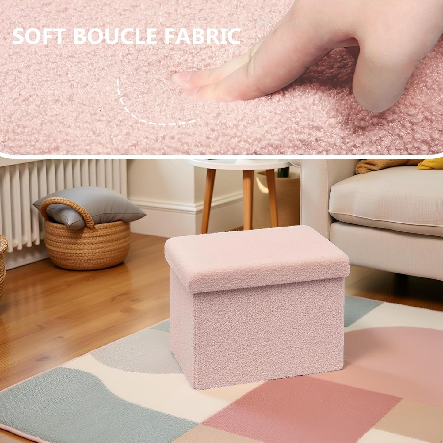 16.5 Folding Storage Ottoman Cube - Small Footrest with Sherpa Top, Multi-Functional Storage for Bedroom, Living Room, Pink