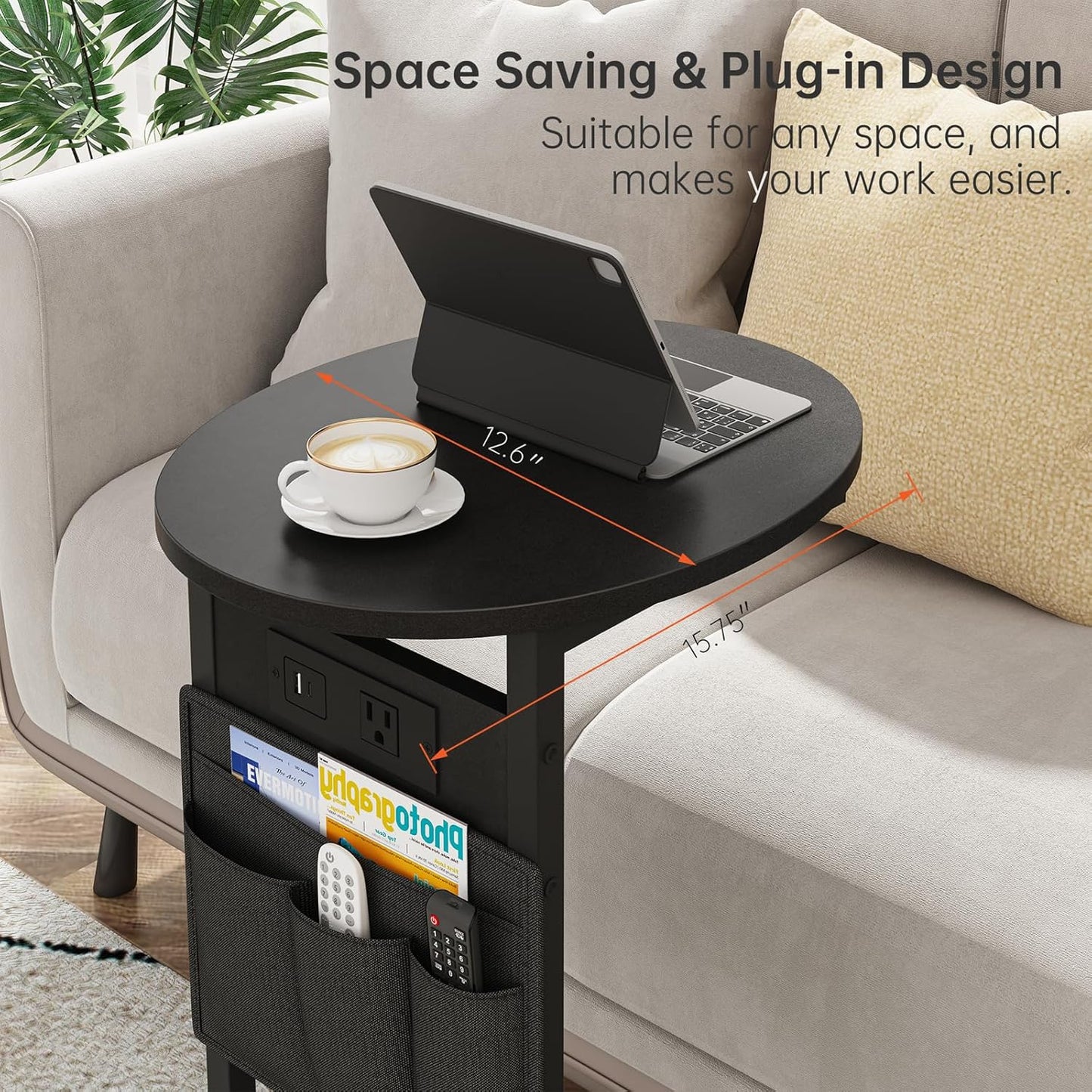 Vagusicc C Shaped End Table with Charging Station, Small Side Table for Couch, TV Tray Slide Under Sofa Table for Living Room Bedroom, Round Couch Side Table C Table for Sofa, Black