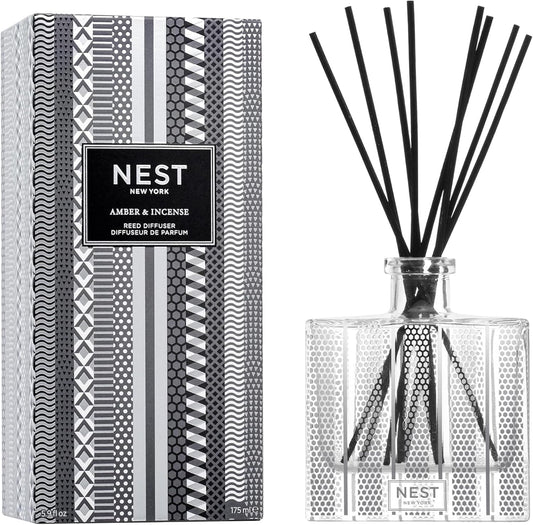 NEST New York Reed Diffuser, Amber & Incense - 5.9 fl oz - Fragrance for Up to 90 Days - Reusable, Refillable Glass Holder - Includes 8 All-Natural Reed Sticks - Flame Free