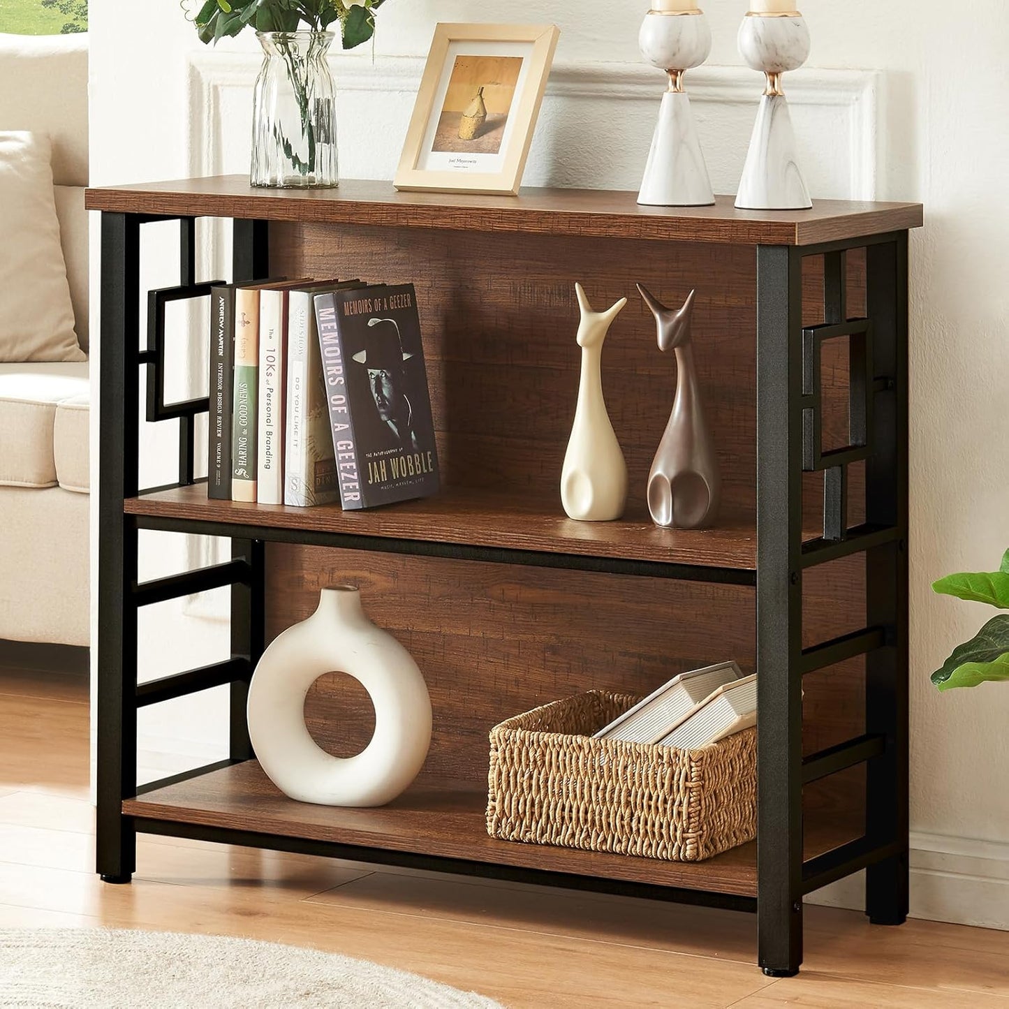 HOMISSUE Book Shelf, 3 Tier Deep Bookshelf with Storage, Engineered Wood and Metal Shelf Bookcase, Low Short Bookcases for Small Space, Living Room, Bedroom, Office, Rustic Brown