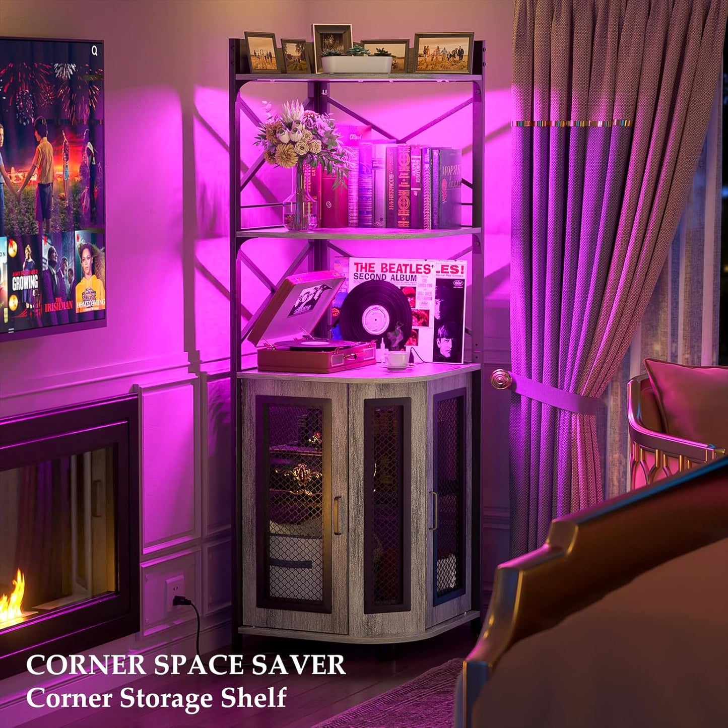 Aheaplus Corner Bar Cabinet with Power Outlet, Industrial Wine Cabinet with LED Strip and Glass Holder, 5-Tiers Liquor Cabinet Bar Unit for Home, Corner Display Cabinet for Small Space, White Oak