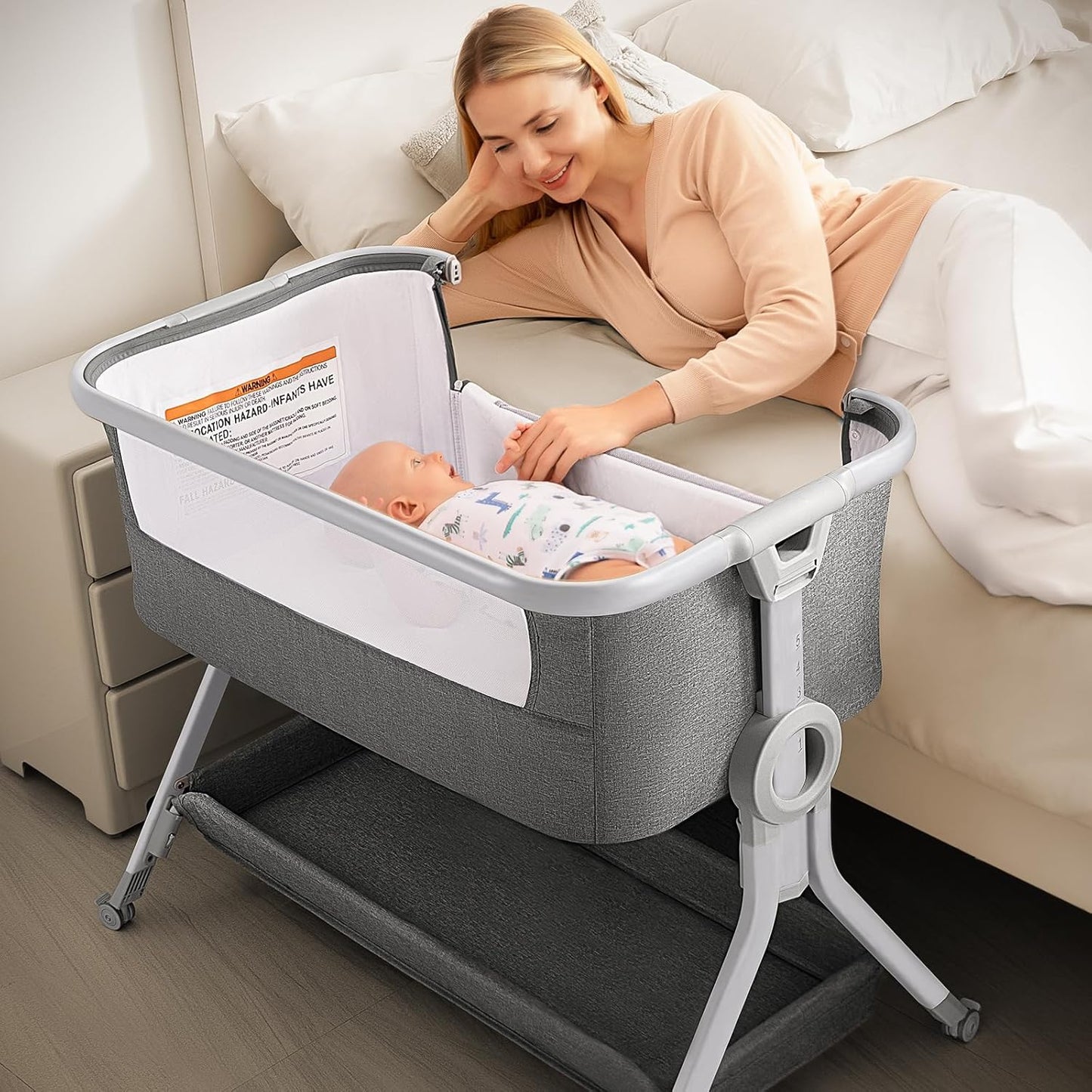 Larex 3 in 1 Baby Bassinet Bedside Sleeper, Breathable Mesh Safe Bedside Bassinet for Baby, Easy Assemble and Folding Portable Bassinet, 5 Height Adjustable Bedside Crib with Storage Basket. (Grey)