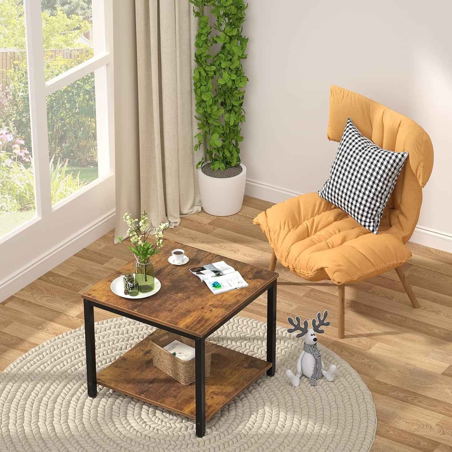 Homieasy Side Table 20 Inch Square, 2-Tier Coffee Tea End Table Nightstands for Sofa Couch Bed, Metal Wood Accent Modern Simple Industrial Style Side Table for Living Room Bedroom, Rustic Brown