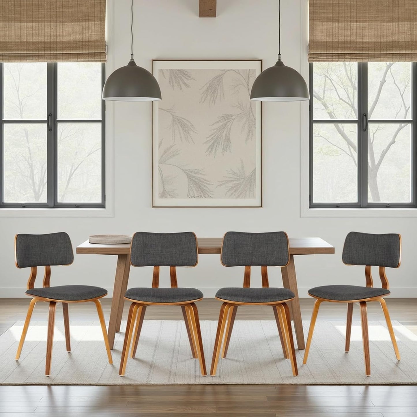 Armen Living Jaguar Mid-Century Dining Chair in Walnut Wood and Charcoal Fabric - Set of 4
