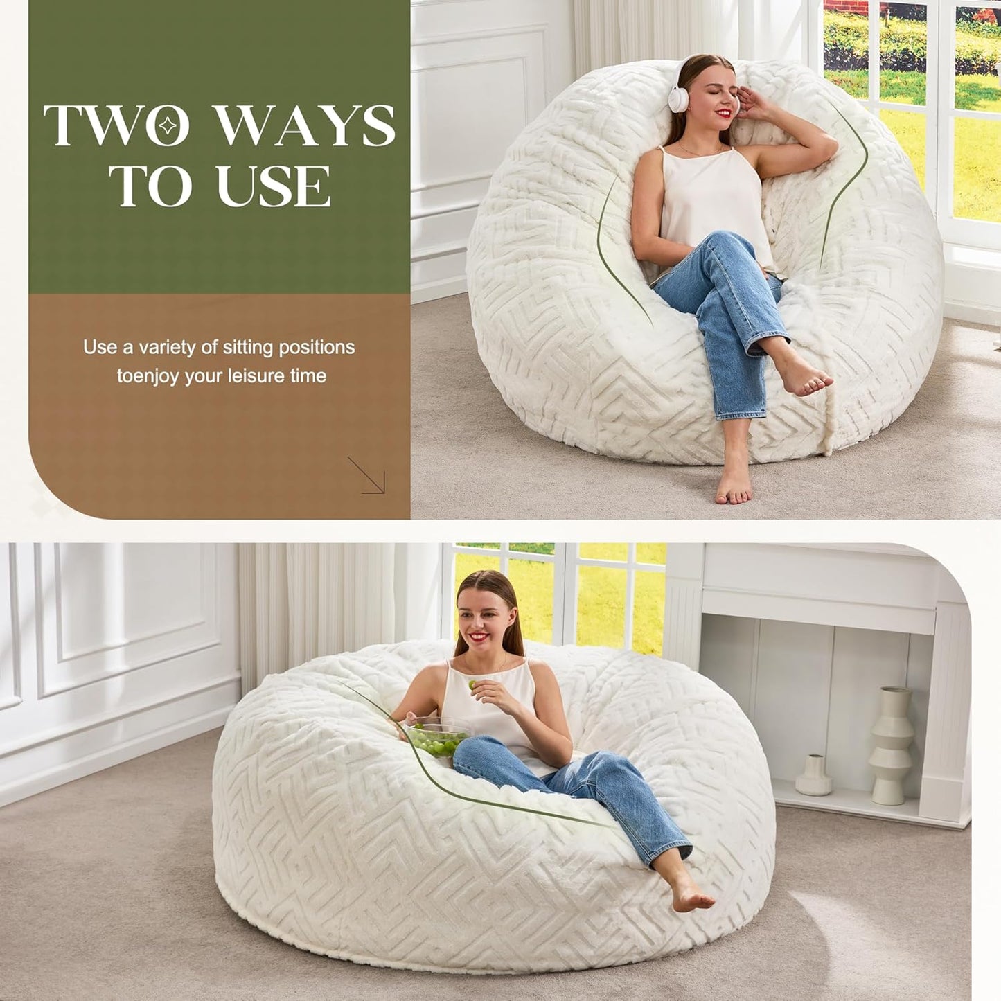 Hobestluk Bean Bag Chairs Adults Beanbag Chair with Filler Large Bean Bags with Fluffy Embossed Cover, Giant Bean Bag Chairs for Adults (White, 5FT - 50” x 50” x 24”)