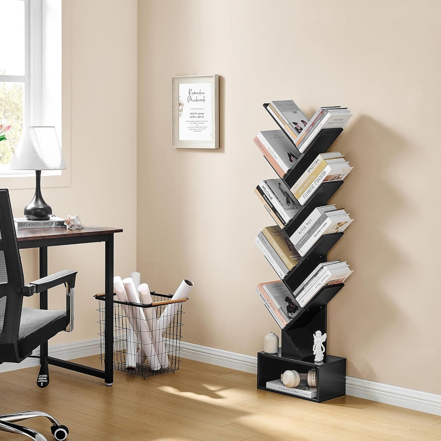 Hoctieon 9 Tier Tree Bookshelf, Tall Bookcase with Drawer, Wood Book Shelf, Modern Floor Standing Bookshelves, Book Organizer Shelves for Bedroom, Living Room, Home Office, Black