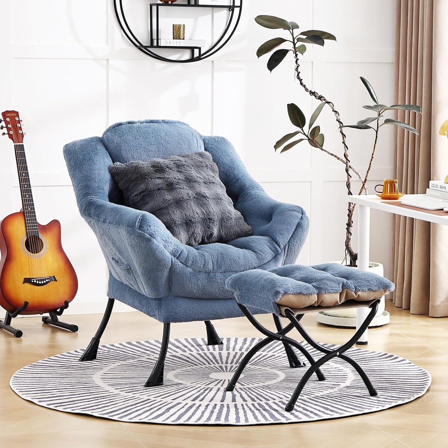Lazy Chair with Ottoman, Comfy Reading Chair with Footstool & Throw Pillow Modern Lounge Accent Chair with Armrests & Side Pocket for Living Room, Bedroom, Dorm Room, Office