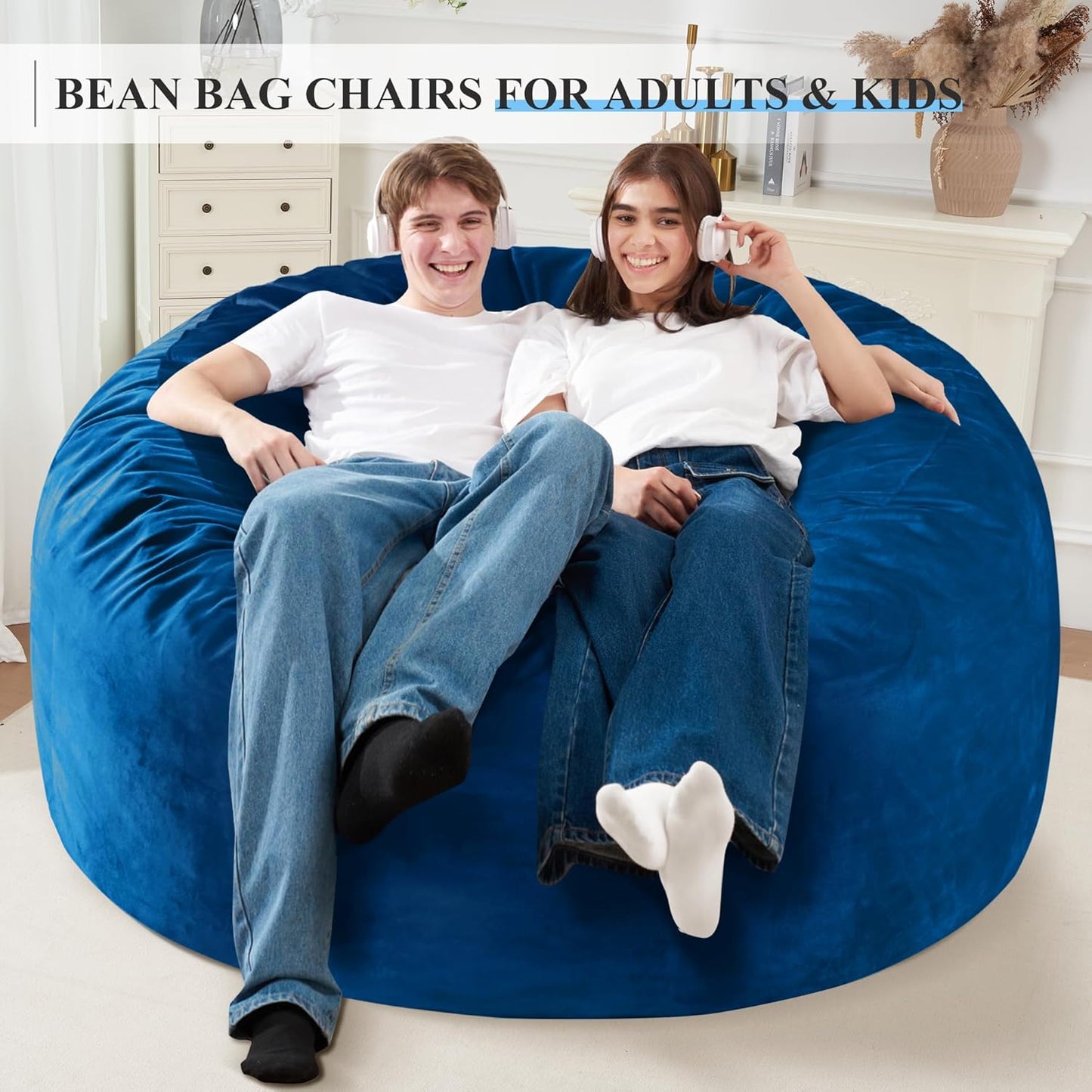 Homguava 5FT Bean Bag Chair Giant BeanBag with Memory Foam Filled, Comfy Bean Bag Chairs for Adults, Adult Bean Bag Chair with Dutch Velvet Cover for Living Room Bedroom-Blue