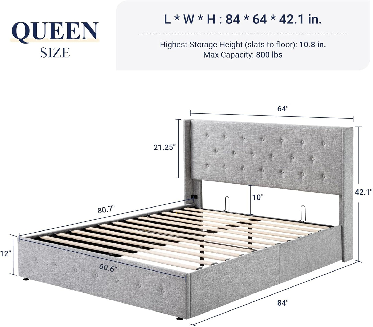 Allewie Queen Size Lift Up Storage Bed, Button Tufted Headboard with Wingback, Hydraulic Support, No Box Spring Needed, Light Grey
