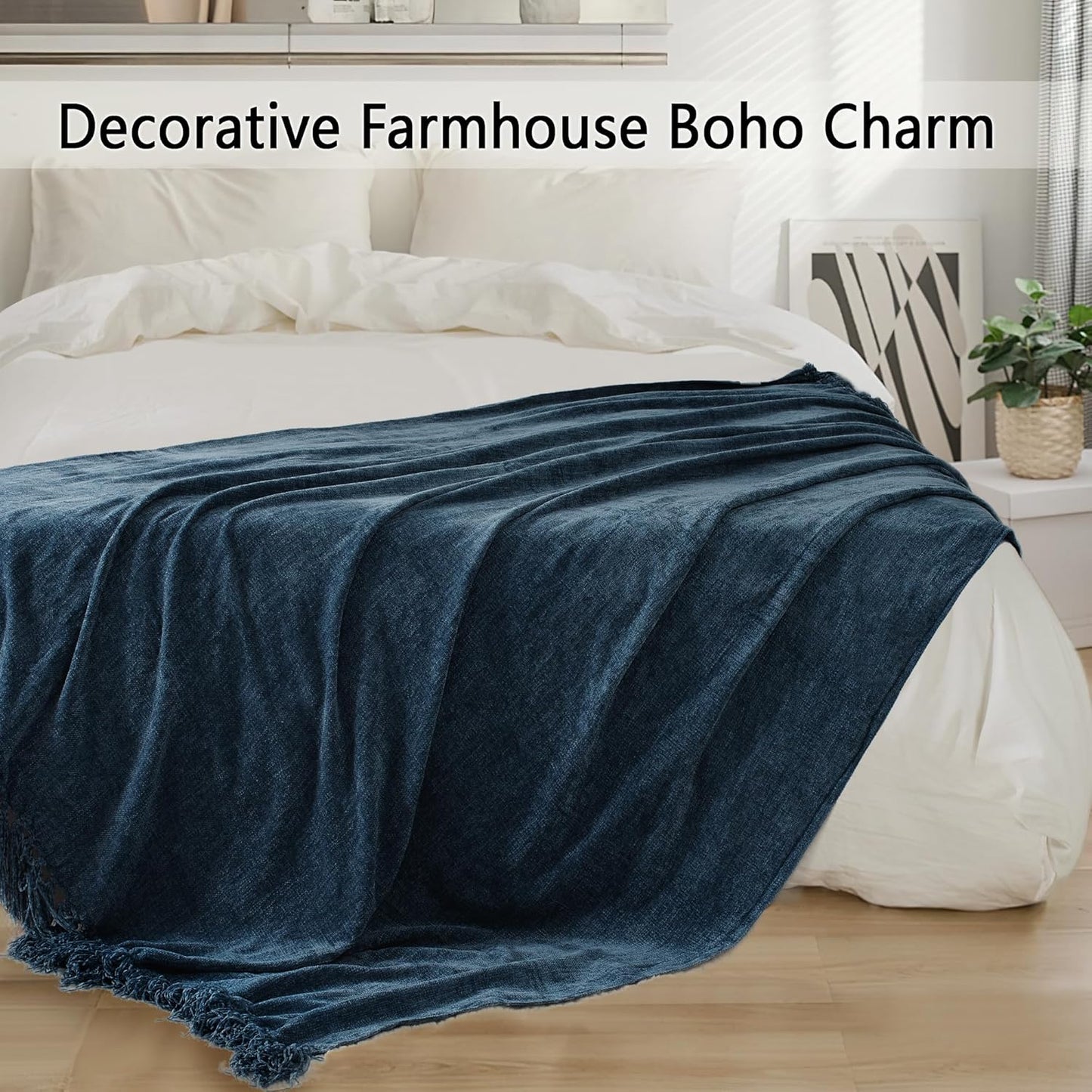 Chenille Throw Blanket for Couch 60"X 80" Twin, Soft Cozy Throws with Fringe Tassel for Bed Sofa Chair Cover, Lightweight Knitted Decorative Boho Blankets for Living Room, Navy Blue