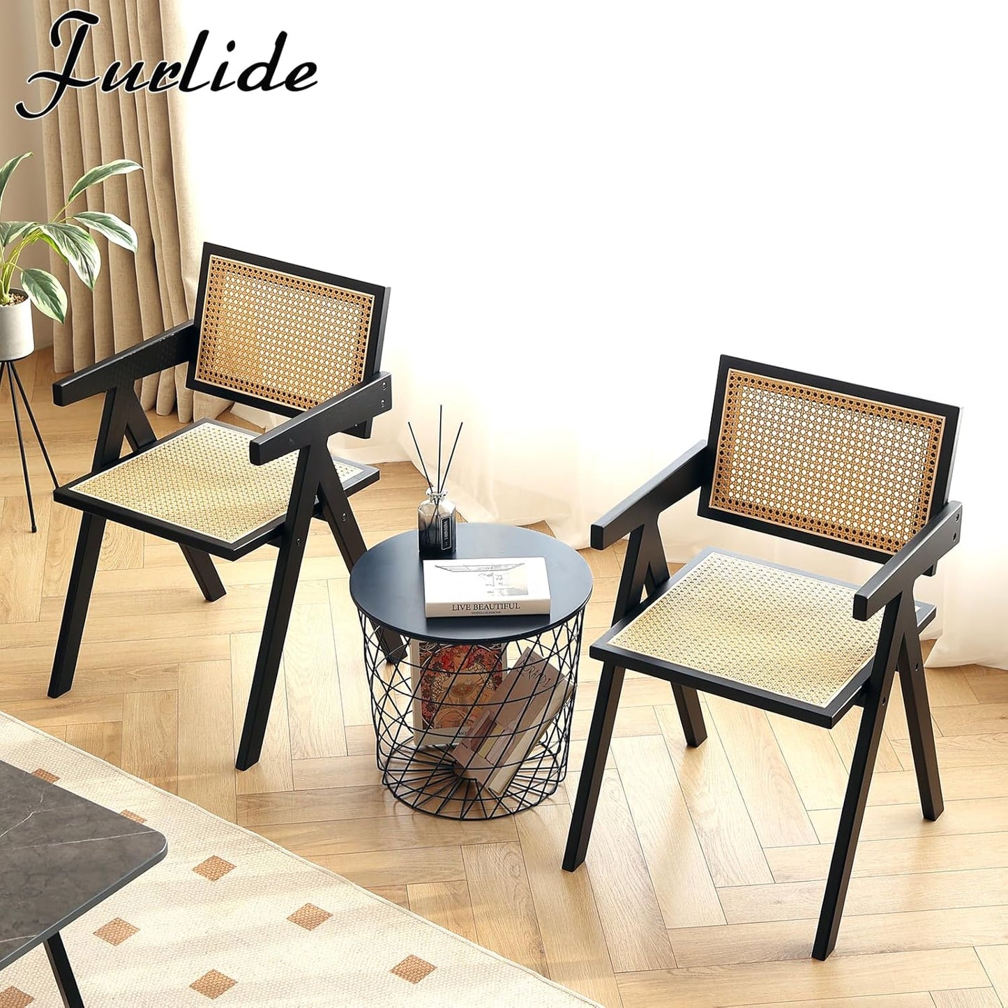 Rattan Dining Chairs Set of 2, Modern Mid Century Dining Chairs with Arms, Outdoor Bamboo Chairs for Bedroom, Living Room, Reading Room, Black