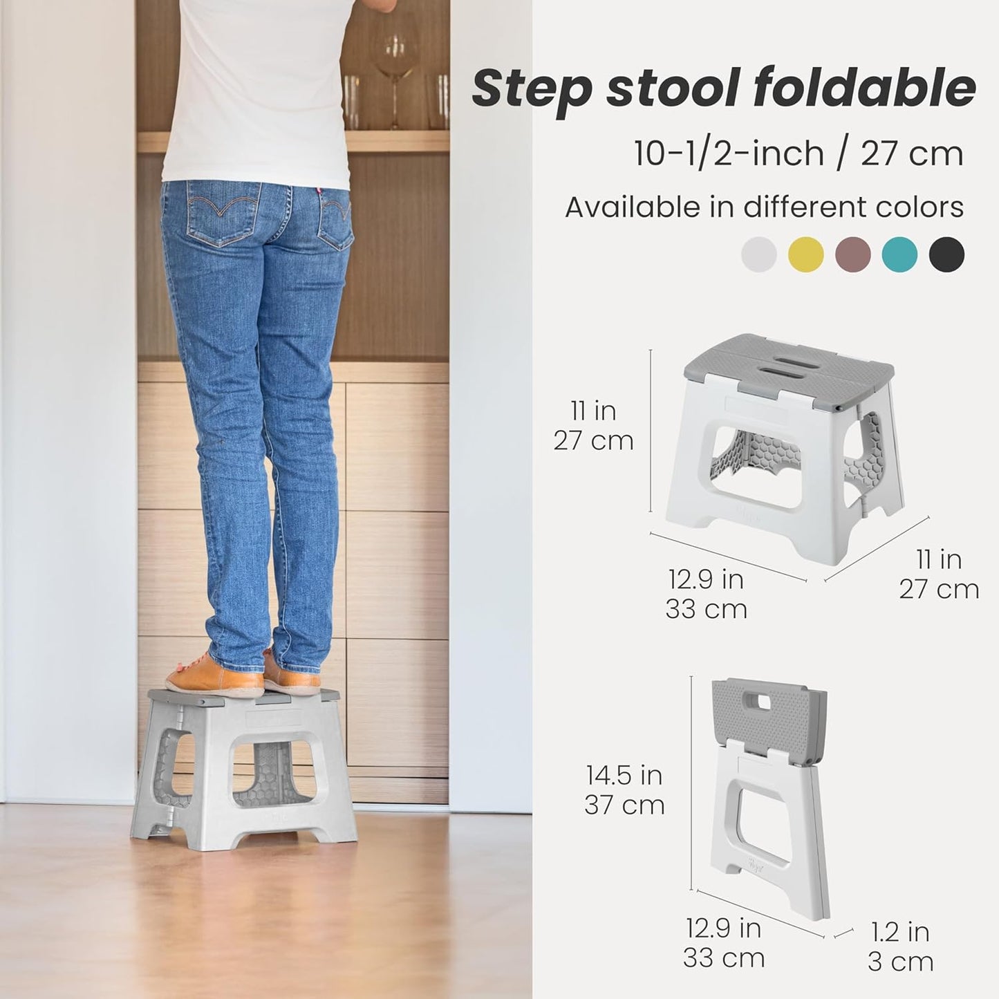 Vigar Compact Step Stool Foldable, 10-1/2-inch Step Stools for Adults up to 330 Pound, Lightweight Stool, Non-Slip Folding Step Stool, Gray
