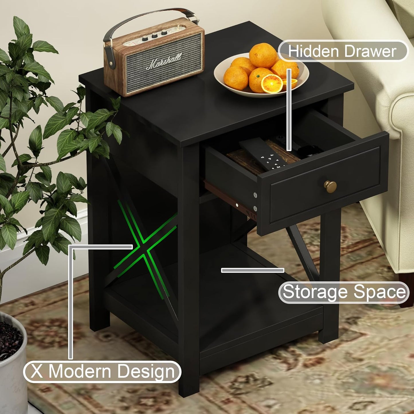 Treocho Black End Table Set of 2, Modern X-Design Night Stand,Bedside End Table with Open Storage for Small Place,Bedroom