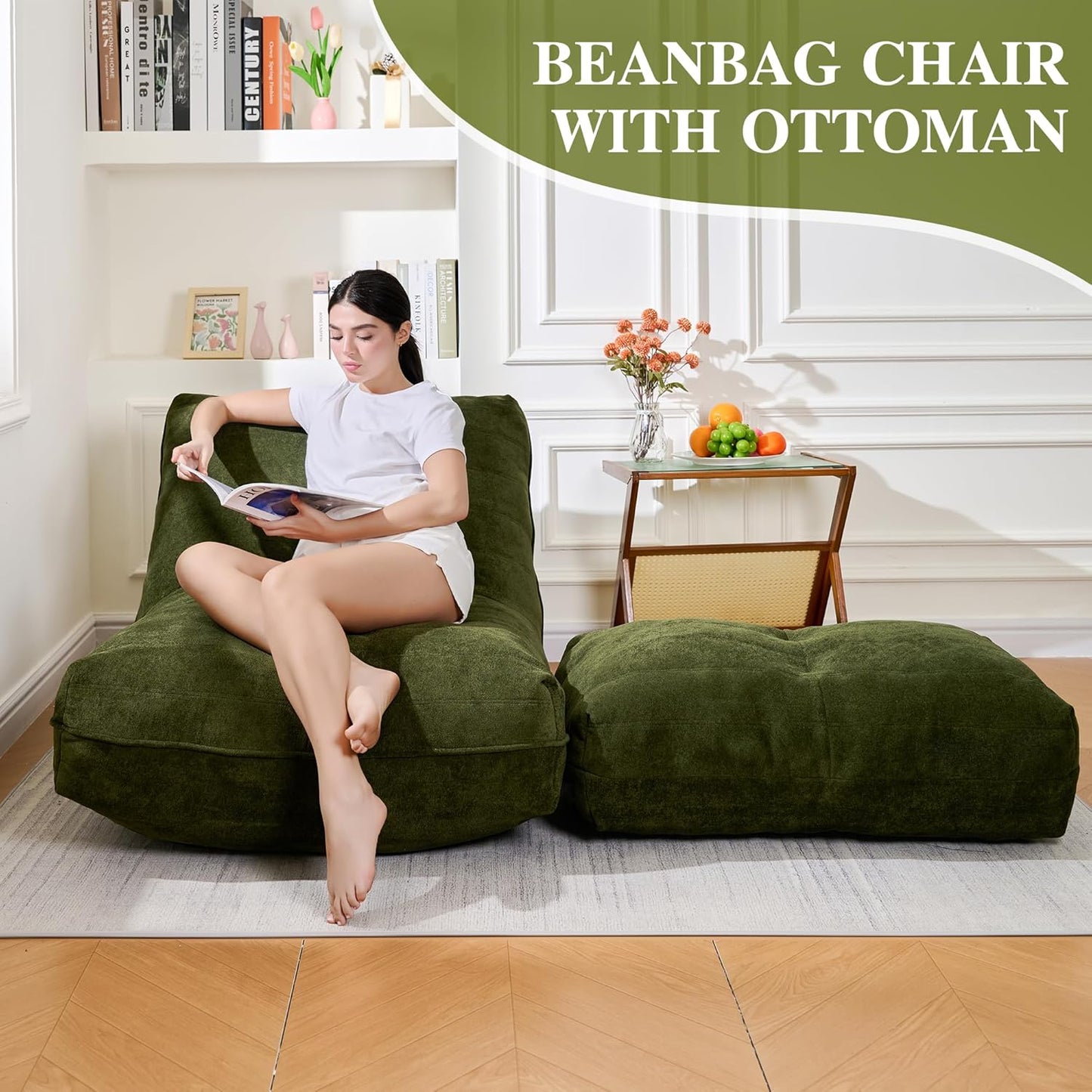 Bean Bag Chair with Ottoman, Comfy Bean Bag Sofa with Memory Foam, Lazy BeanBag Sofa with Footstool, Fireside Bean Bag Couch for Living Room, Bedroom, Apartment (Green)