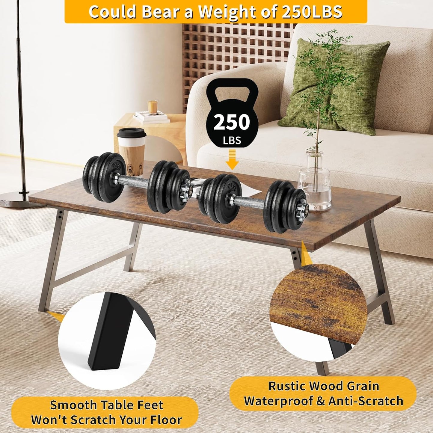 Folding Coffee Table, Portable Wood Low Table with Metal Legs, No Assembly Required, Small Foldable Floor Desk for Living Room/Tea Room/Small Spaces (39.4in x 23.6in x 15.8in) (Rustic Brown)