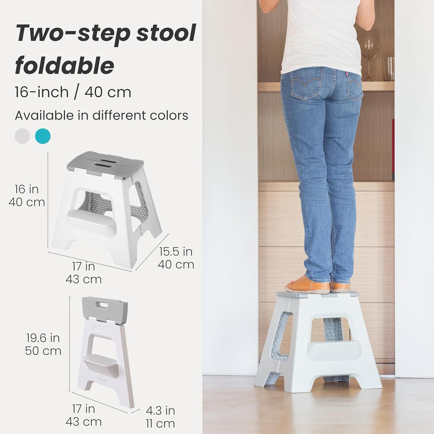 Vigar Compact Step Stool Foldable, 16-inch Two-Step Stools for Adults up to 330 Pound, Lightweight Stool, Non-Slip Folding Step Stool, Gray