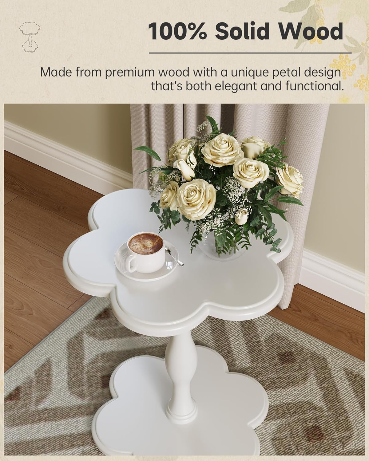 Accent Solid Wood End Table for Living Room, Small Bedside Tables Nightstand for Bedroom, Unique Pedestal Side Table, Round Wooden Tables for Drinks, Plants & Home Decor (White)