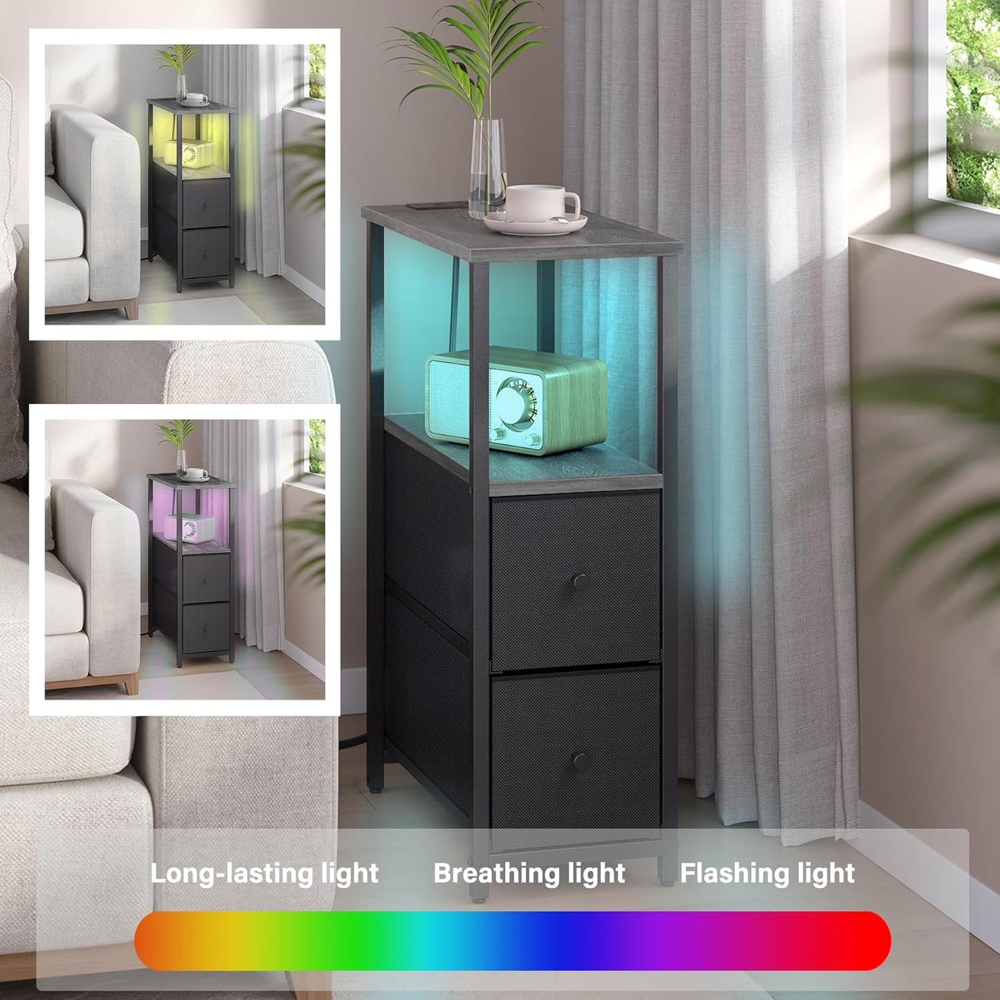 TUTOTAK Small Narrow LED End Table with Charging Station, Side Table Outlets, Nightstand with 2 Cloth Drawers, Set of 2, Couch Table, for Living Room, Bedroom, Bedside, Charcoal Grey TB01BY056