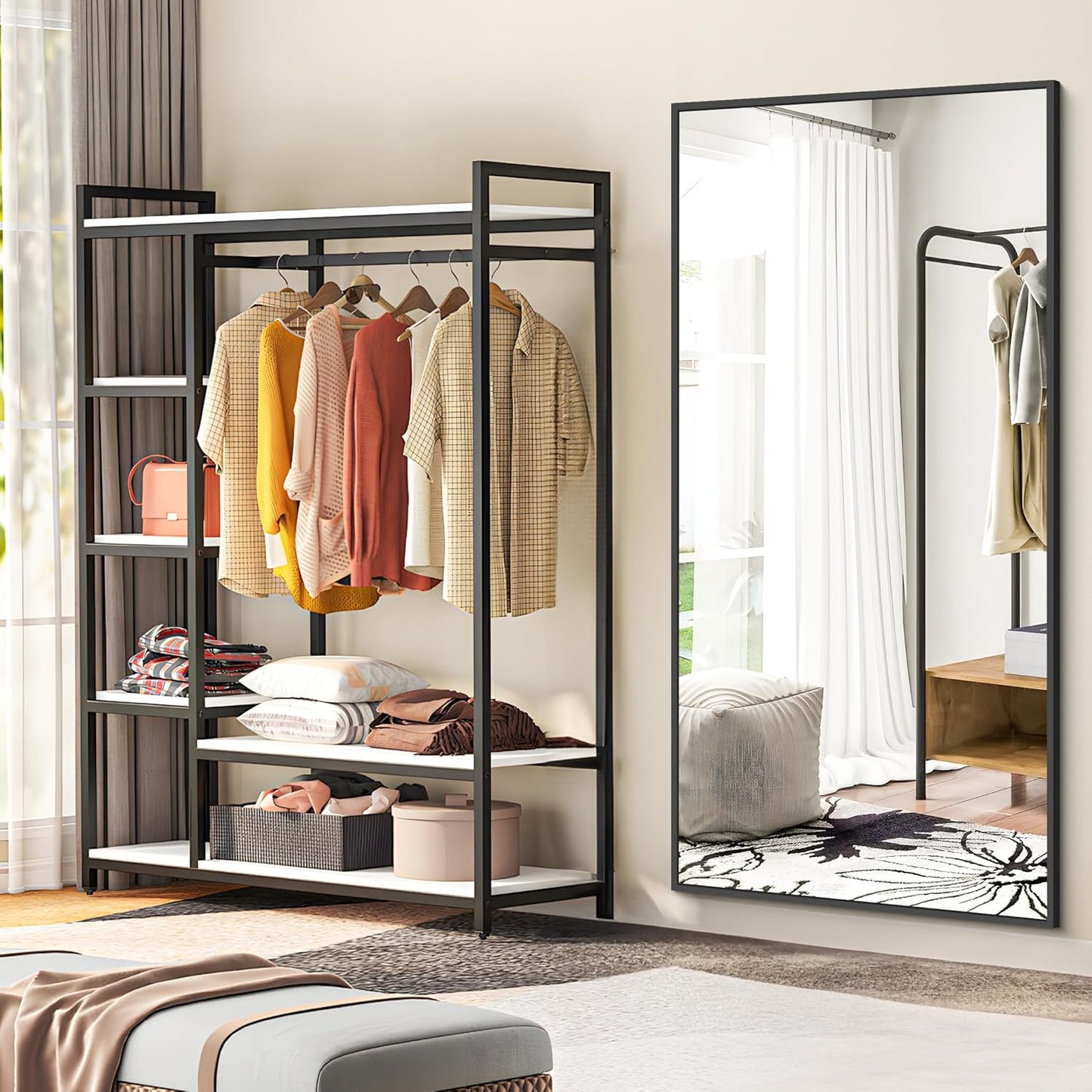 BONEWEI Bathroom Mirror, 30x55 inch Wall Mirror for Bathroom Wall Mounted Black Rectangle Square Corner Mirrors, Black Bathroom Mirror for Living Room, Farmhouse, Bedroom Entryway, Horizontal/Vertical