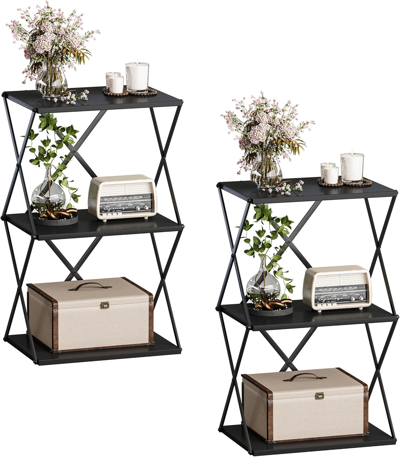 3-Tier End Table Set of 2 Small Side Table Tall Bedside Night Stand with Storage Sofa Side desks for Living Room Bedroom Office Bathroom Small Space, Black ET-03BK-2