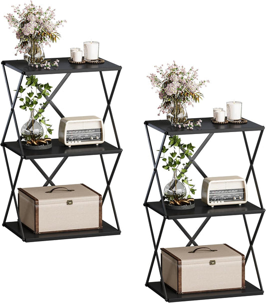 3-Tier End Table Set of 2 Small Side Table Tall Bedside Night Stand with Storage Sofa Side desks for Living Room Bedroom Office Bathroom Small Space, Black ET-03BK-2