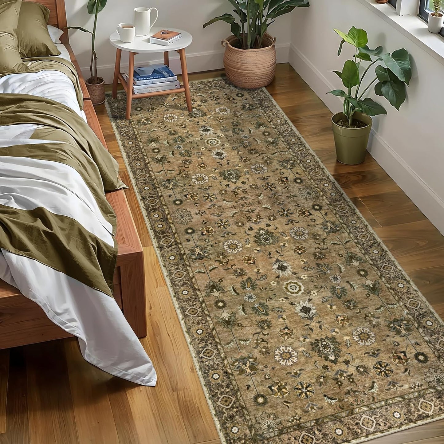 Tangsoo Floral Runner Rug 2x6 Washable Rug for Hallway, Non-Slip Vintage Boho for Entryway Indoor, Brown Print Carpet Runner Rugs, Soft Low Pile Long Runner for Kitchen Bedroom